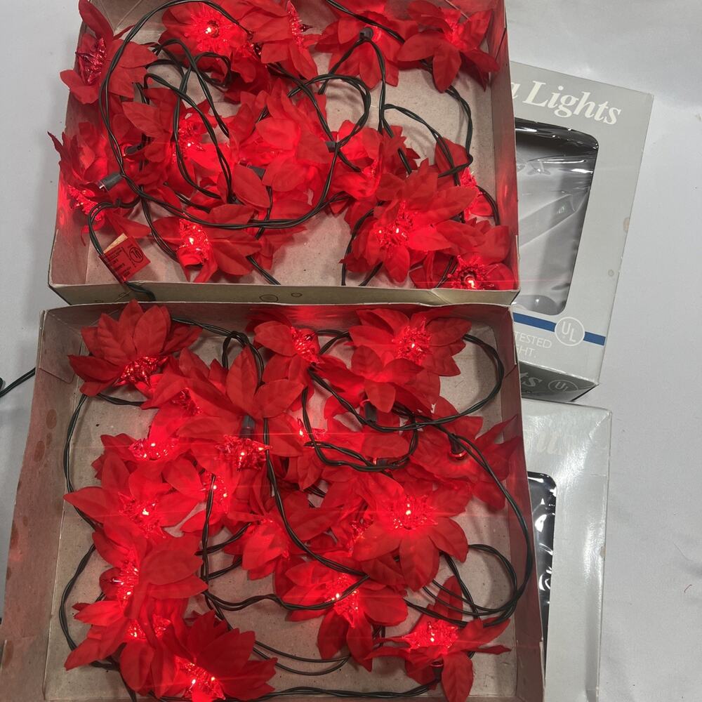 Vintage 1988 2 Sets Poinsettia 40 Lights String Lights Christmas Red Flowers